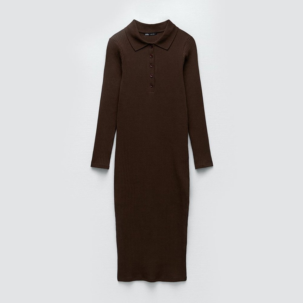 ZARA • Brown Ribbed Polo Midi Dress